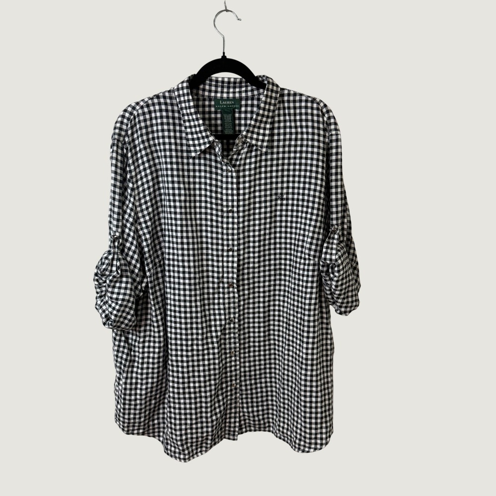 Lauren Ralph Lauren Linen Gingham Shirt Black White 3X Cottagecore Fall Layering
